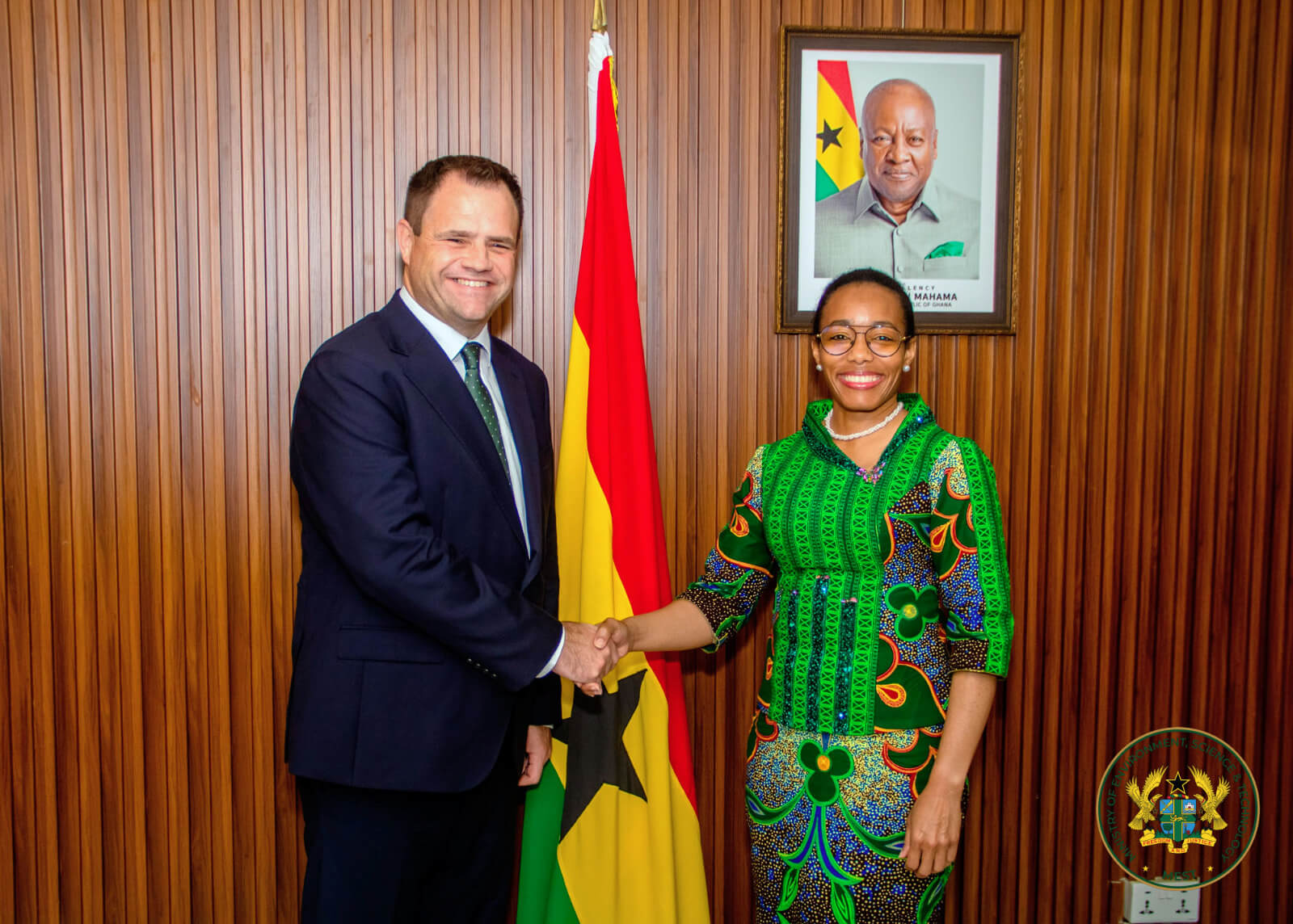 Hon. Dr Zanetor Agyeman-Rawlings with the leader of the Irish delegation at the Ministry.