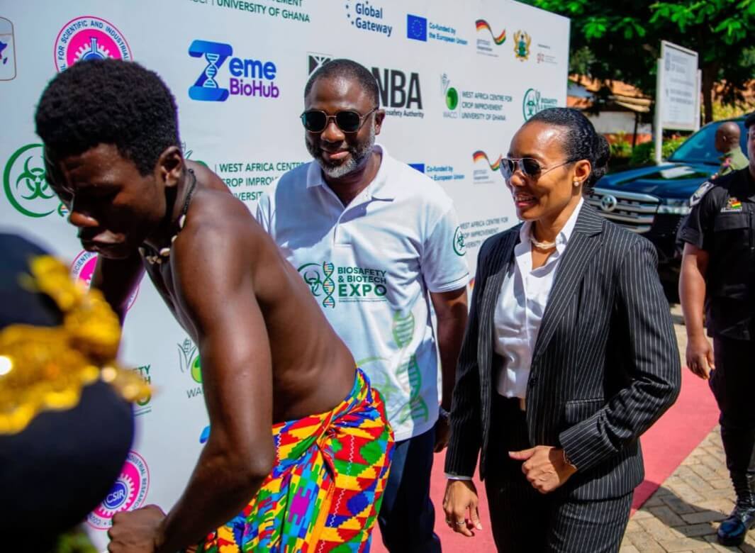 Hon. Dr Zanetor Agyeman-Rawlings examining biotechnology research equipment at WACCI