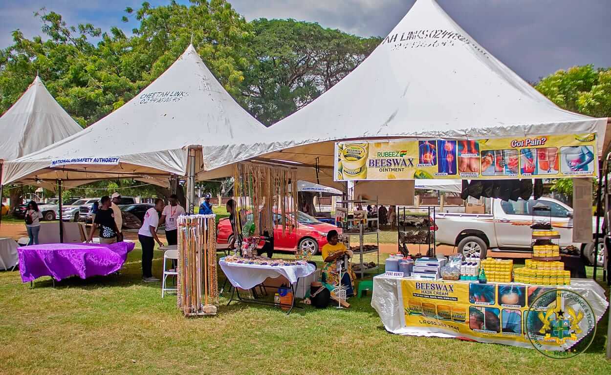An exhibition stand showcasing locally developed products at the fair.