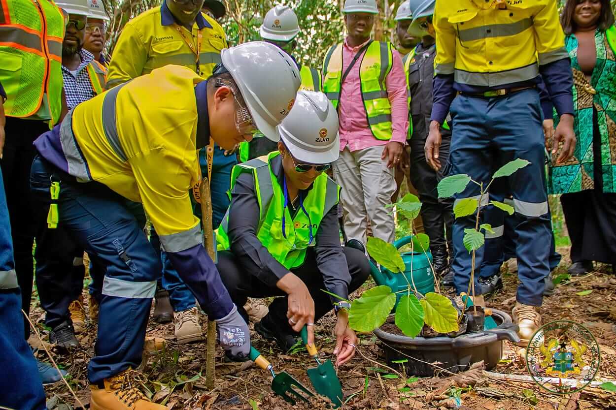 The Minister takes part in tree planting at Zijin Golden Ridge Limited, New Abirem.